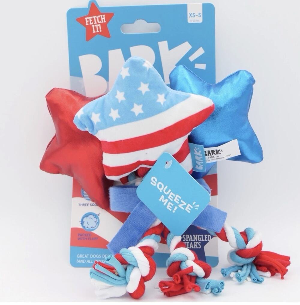 BARK Yankee Doodle Dogs Star-Spangled Squeaks Dog Toy 8" XS-S Dogs w/3 Squeakers